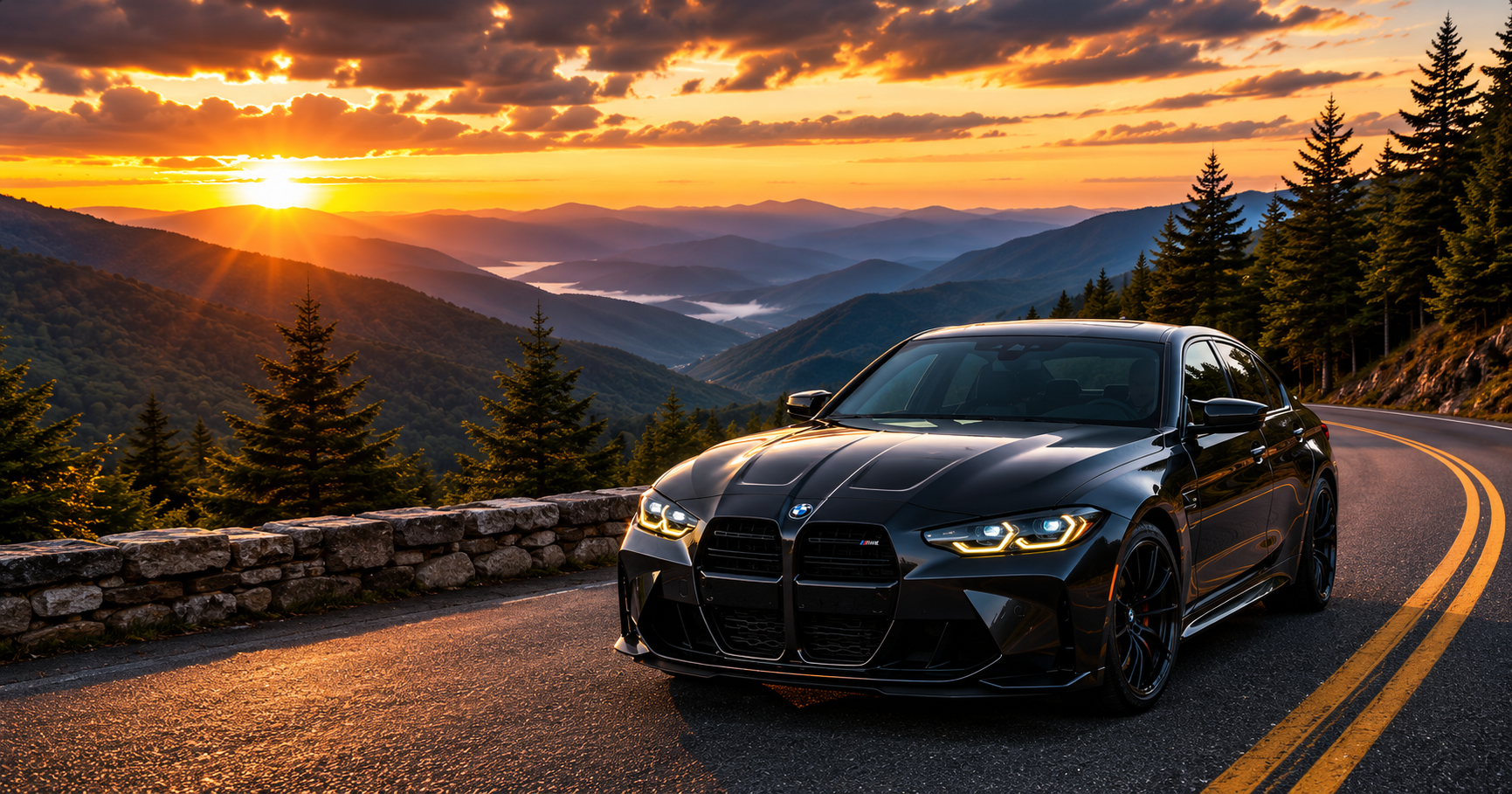 BMW M3 on a Smoky Mountain road at sunset
